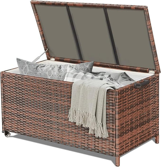 HOMREST Large Deck Box, Outdoor Wicker Storage Container with 70 Gallon, Patio Rattan Furniture for Garden Tools, Pillows, Pool, Brown