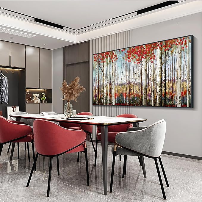 Mofutinpo Large Framed Wall Decor canvas Red Leaves White Birch Tree Wall Art For Living Room bedroom rustic kitchen Modern painting Artwork 29x58 Large Size Black Framed