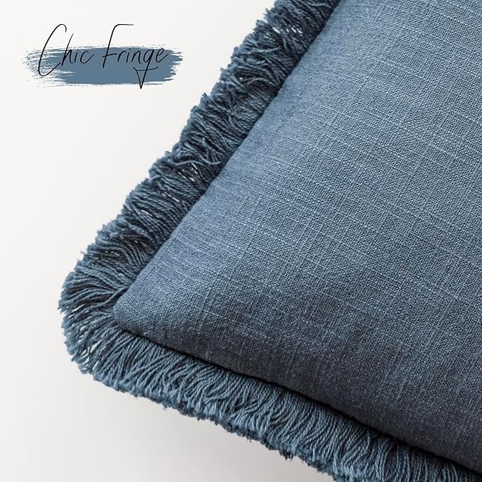 Foindtower Set of 2 Decorative Linen Fringe Throw Pillow Covers Cozy Farmhouse Cushion Cover with Tassels Accent Pillowcase for Couch Chair Sofa Bed Living Room Home Decor,18×18 Inch,Dark Blue