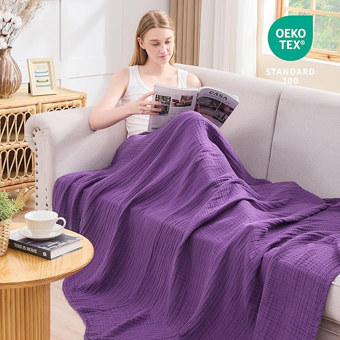 EMME Cotton Muslin King Blanket Bed Layering Breathable Gauze Blanket Soft Lightweight Blankets Adults (Purple, 108"x90")