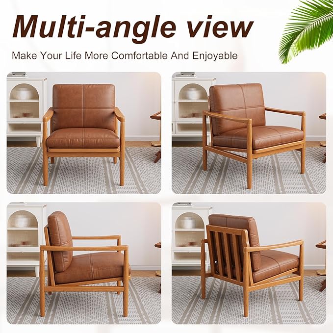 Mid Century Modern Accent Chair Set of 2, Leather Accent Chair, Relaxing Armchair with Solid Wood Frame & Soft Cushion, Reading Leisure Chairs for Living Room