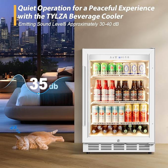 Tylza Beverage Refrigerator 24 Inch, Under Counter/Freestanding Drink Fridge, 190 Cans Beverage Cooler with Glass Door, Reversible Door, Low Noise, Quick Cooling - for Beer, Soda, ETC, White