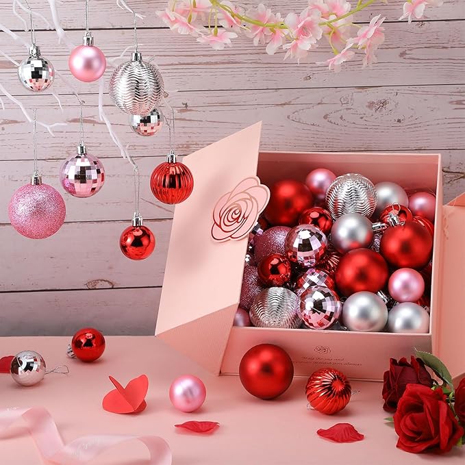 64 Pcs Christmas Ball Ornaments Pink Red and Silver Christmas Ornaments Glitter Valentine's Day Ball Ornament Assorted Size Xmas Ornament Valentines Decoration for Tree Home, 1.6/1.97/2.4 Inch