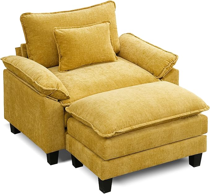 URRED Modular Sectional Sofa Comfy Cloud Couch, Modern Chenille Sofa Sleeper Deep Seat Couches with Ottoman/Pillows for Living Room (Yellow, 53''- Ottoman)