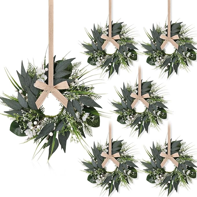 6 PCS Spring Wreaths for Front Door Green Wreath with White Flower Artificial Green Wreath with Ribbon for Pillar Front Door Porch Wall Window Farmhouse Decoration All Seasons