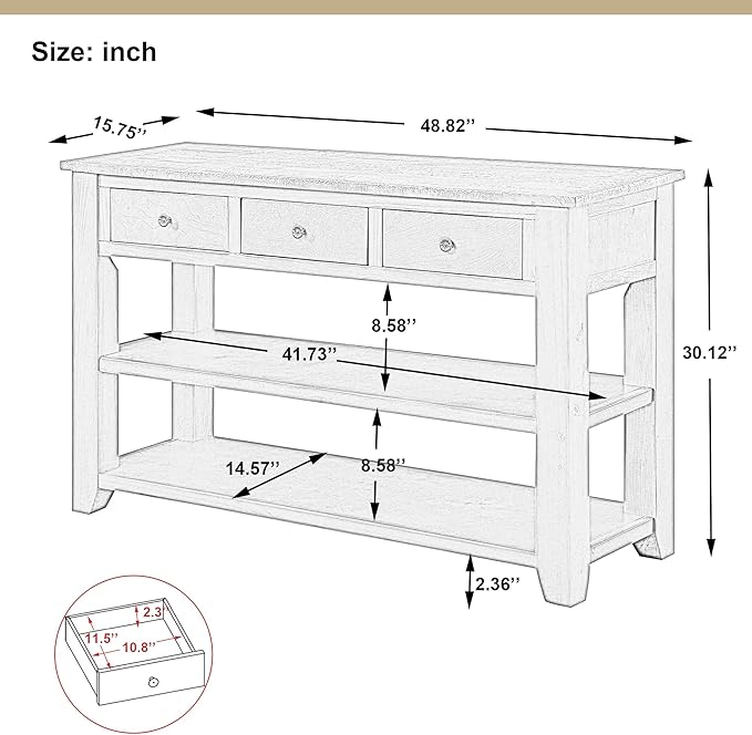 Farmhouse Wood Entry Console Table 48-Inch Modern Sofa Entryway Table with Drawers and Storage Shelves for Entrance Living Room (Brown)