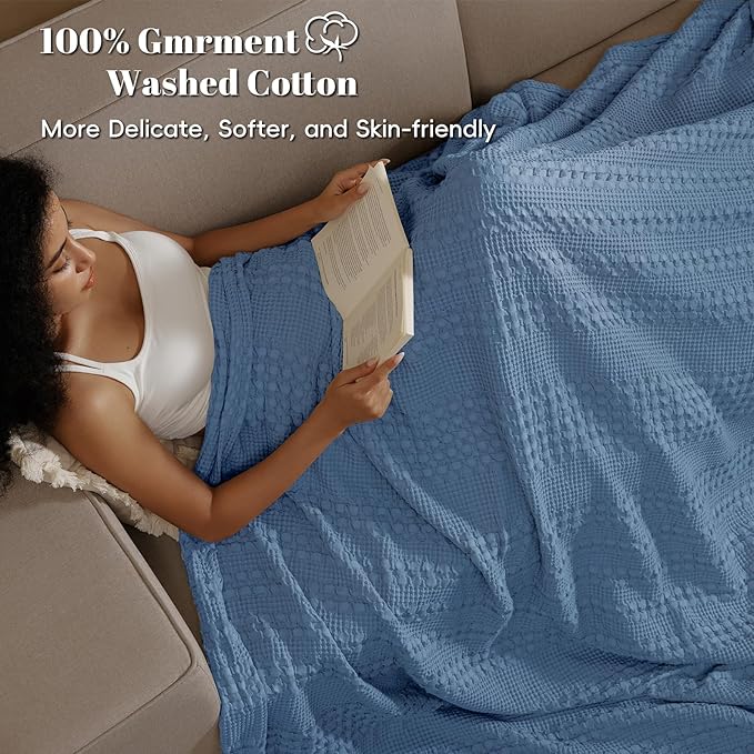 PHF 100% Cotton Waffle Weave Blanket Queen Size, Soft Lightweight Breathable Cozy Summer Blankets for Bed, Luxury Aesthetic Woven Bedding for Home Decor, 90"x90", Captain's Blue