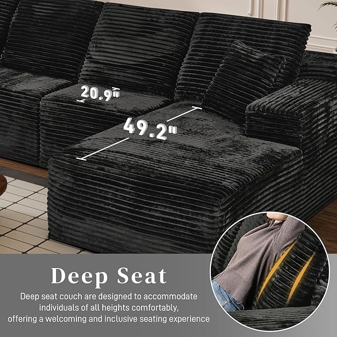 Modular Sectional Sofa Cloud Sectional Couch, 135" Comfy Fluffy L Shaped Black Couches for Living Room, Deep Seat Memory Foam Plush Corduroy Boneless Couch Sectionals with Right Facing Chaise Sofa