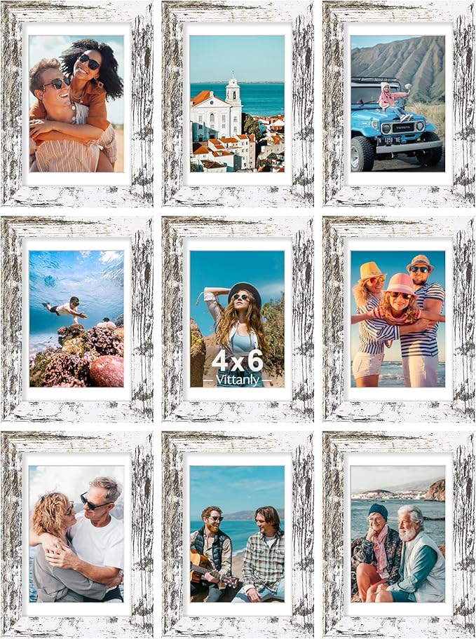 Vittanly 4x6 Picture Frames Set of 9, Shatter Resistant Plexiglass, Display 3.5x5 Pictures with Mat or 4x6 without Mat, Photo Frames for Wall or Tabletop, Engineered Wood, Distressed White