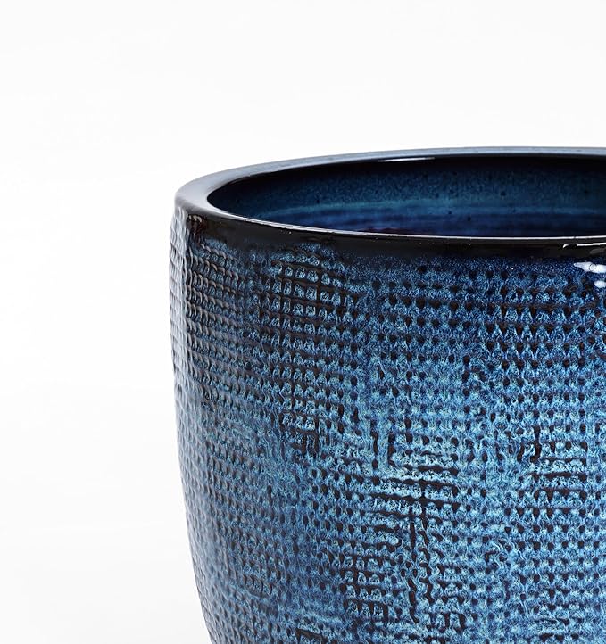 LuxenHome 15.5" Dia Large Ceramic Pots for Plants, Ocean Blue Glazed Planters for Outdoor Plants, Round Indoor Flower Pots with Drainage Hole and Rubber Plug for Home Garden Patio