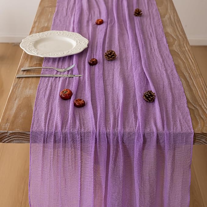 Table Runner Lavender Gauze Rustic Boho Lilac Cheesecloth Grape Table Runner 120 Inch 10 FT for Wedding Baby Bridal Shower Birthday Bridgerton Party Long Sheer Home Decorations