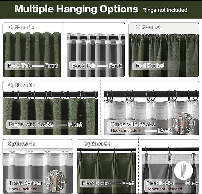 RAIN CITY Extra Wide Linen Blackout Curtains & Drapes with Hooks 70 in Width for 60&72 Inch Window 2 Panels,Back Tab Pleated Curtains for Track System Sliding Glass Door 70x90,Loden Olive Green