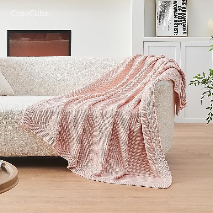CozeCube Pink Throw Blanket for Couch, Soft Cozy Cable Knit Throw for Bed Sofa Living Room, Lightweight Warm Decorative Farmhouse Christmas Blanket, 50"x60", Pink