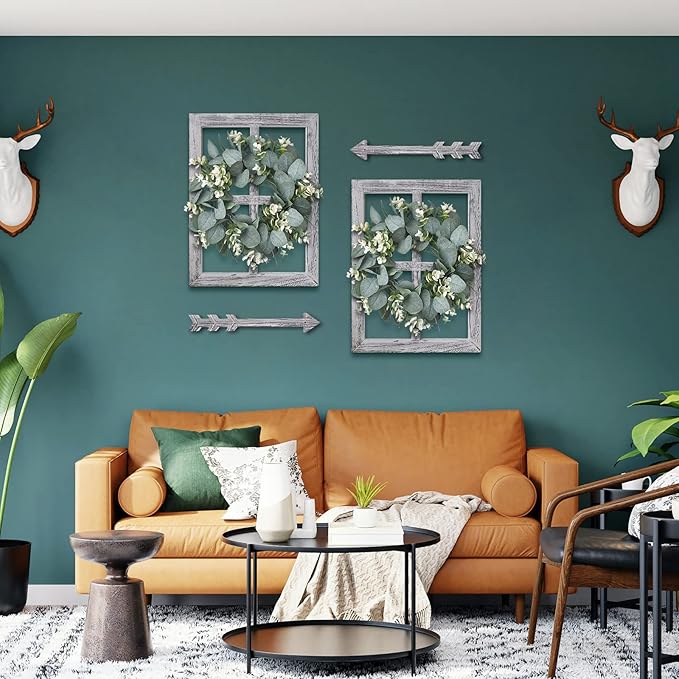 Rustic Wood Window Frame with Green Wreath and Arrows Wall Decor，Farmhouse Window Frame Hanging Decor, Wooden Fake Decoration,Window Pane Wall Decor,Set of 2 (White)