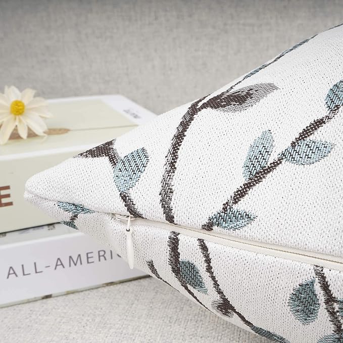 YOUR SMILE Classical Embroidery Jacquard Teal Leaf Pattern Square Decorative Throw Pillow Case Cushion Cover 18x18 inch