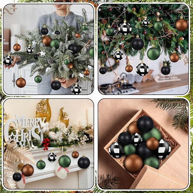 64 Pcs Neutral Christmas Ball Ornaments Bulk Matt Glitter Check Brown Green Black Xmas Bulbs Ornaments 1.6/1.97/2.4 Inch Modern Christmas Decorations for Tree Holiday Indoor Wreath Home Decor