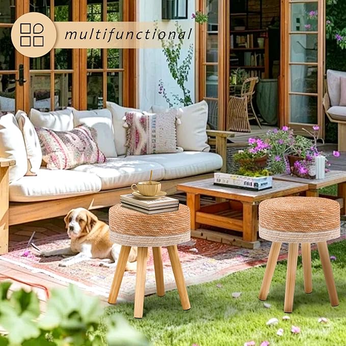 Handwoven Outdoor Ottoman, Water Hyacinth Pouf Round Patio Footstool with Wood Legs, 17-Inch Multipurpose Vanity Stool, Dining Chair, Patio Footrest for Balcony and Garden, White