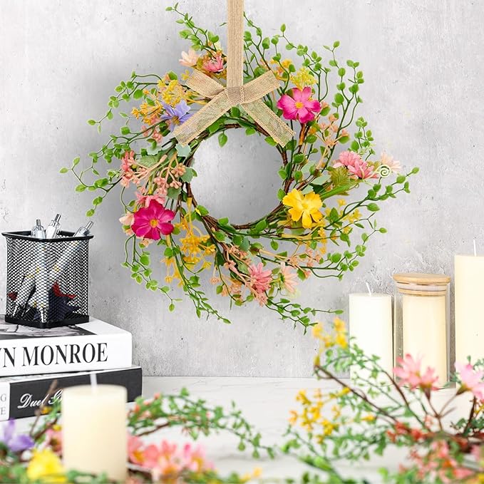 6 Pcs Spring Summer Hanging Flower Swags Wreaths Mini Artificial Wild Flower Wreath Artificial Candle Rings Wreaths for Pillar Front Door Porch Wall Window Farmhouse All Seasons Decoration