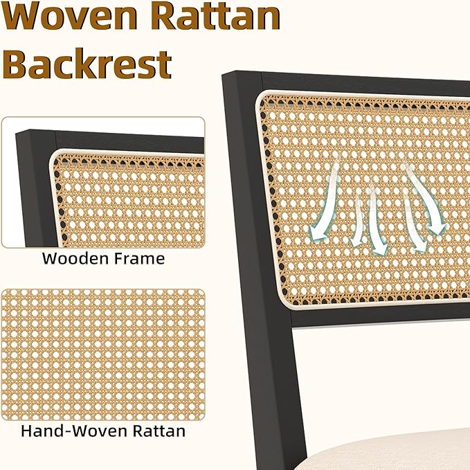 Westice Rattan Dining Chairs Set of 4, Farmhouse Natural Dining Room Chairs with Upholstered Cushion, Wood Armless Chairs for Kitchen/Restaurant, Black