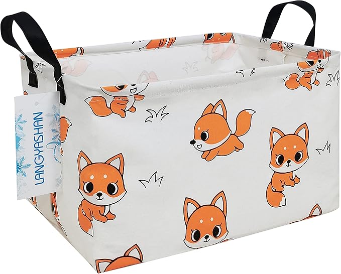 LANGYASHAN Rectangular Storage Bin Collapse Canvas Fabric Cartoon Storage Basket with Handles for Organizing Home Kitchen Boys and Girls Toys Office Closet Shelf Baskets(Rec Fox)