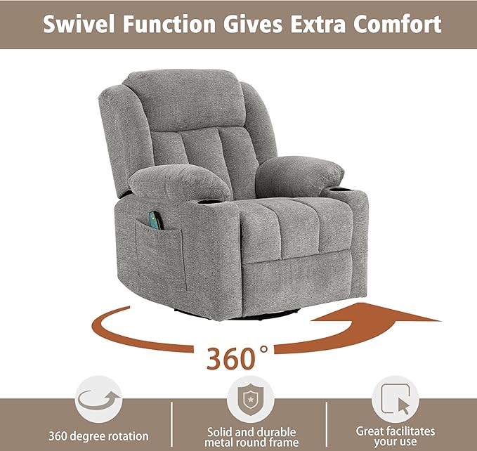 Rocker Swivel Recliner Chair for Adults, Overstuffed Large Manual Recliner Glider with Massage and Heat, Comfy Soft Fabric Living Room Reclining Sofa Chair(Lime Gray)