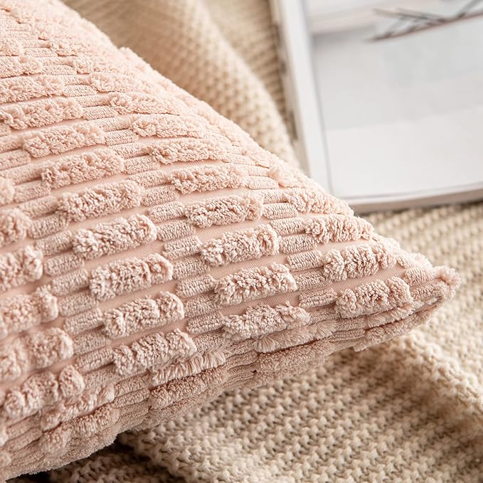 MIULEE Pack of 2 Corduroy Decorative Throw Pillow Covers 20x20 Inch Soft Boho Striped Pillow Covers Modern Farmhouse Home Decor for Sofa Living Room Couch Bed Pink
