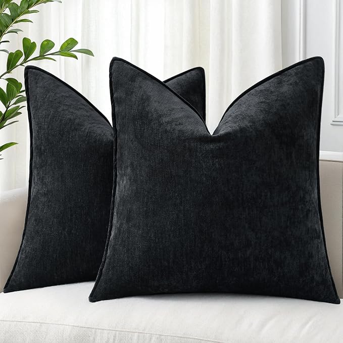 decorUhome Couch Throw Pillow Covers 16x16 Set of 2, Decorative Soft Euro Neutral Chenille Pillow Covers with Elegant Design for Sofa Bed Living Room Home Decor, Black