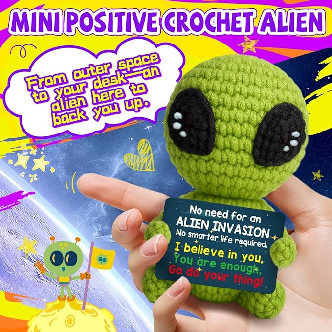 Cool Alien Decor Inspirational Gifts for Boys Girls Friends Positive Animal Crochet Alien for Daily Encouragement Self Affirmation Son Daughter UFO Geeky Decor