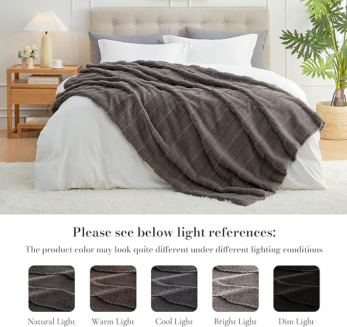 Amélie Home Luxury Striped Faux Fur Throw Blanket for Couch, Embossed Split Fur Cozy Fuzzy Fluffy Luxurious Soft Plush Sofa Chair Bed Gift Blankets for Women Men Wife Friend, 55"x70", Charcoal Gray