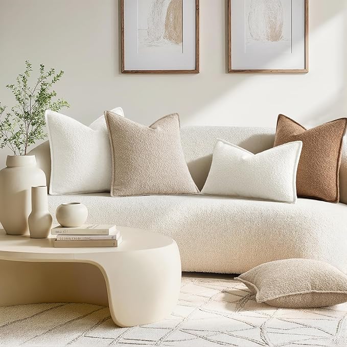 MIULEE Pack of 2 Decorative Textured Boucle Throw Pillow Covers 22x22 Inch Christmas White Broadside Thick Boho Pillows for Farmhouse Accents Sofa Couch Bedroom Living Room Home Decor