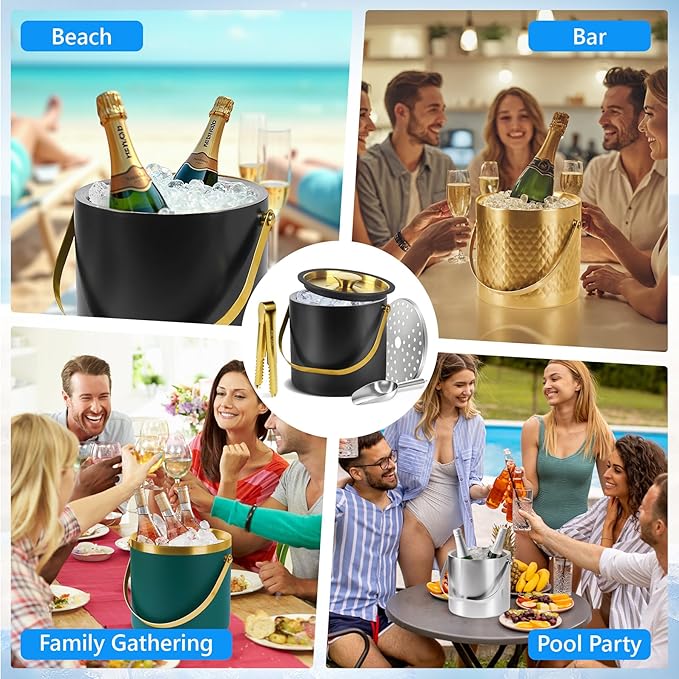 Ice Bucket, Gold Ice Bucket 3L with Silicone Sealing Ring Double-Wall Vacuum Insulation Champagne Buckets with Filter Layer Ice Tongs Ice Scoop (Gold, 3 L)