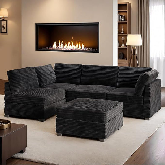 HOOOWOOO Modular Sectional Sofa,5 Pieces Sectional Couches for Living Room,98X55 L Shaped Cloud Couch with Ottoman Chaise Set(Black Velvet Corduroy)