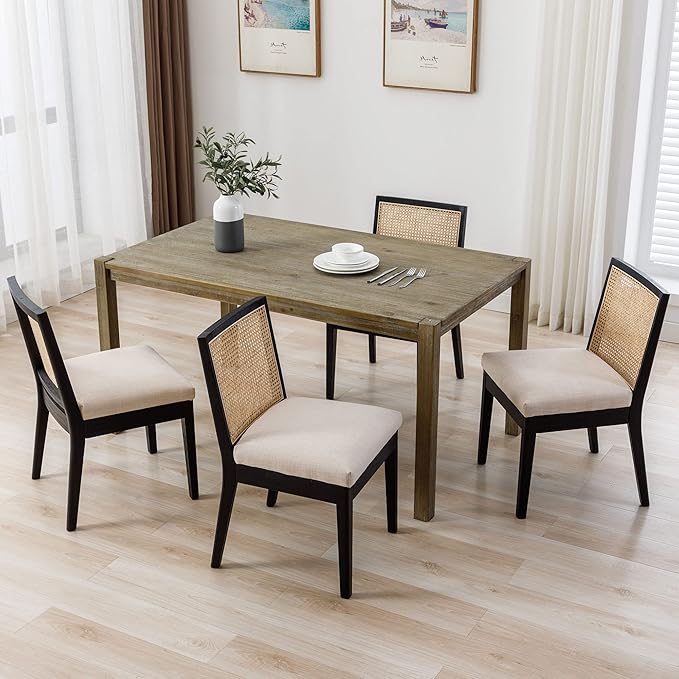 VESCASA Upholstered Dining Chairs with Square Rattan Back, Armless Padded Linen Cushion Dining Chairs with Wood Legs for Dining Room, Kitchen, Set of 6, Black Frame