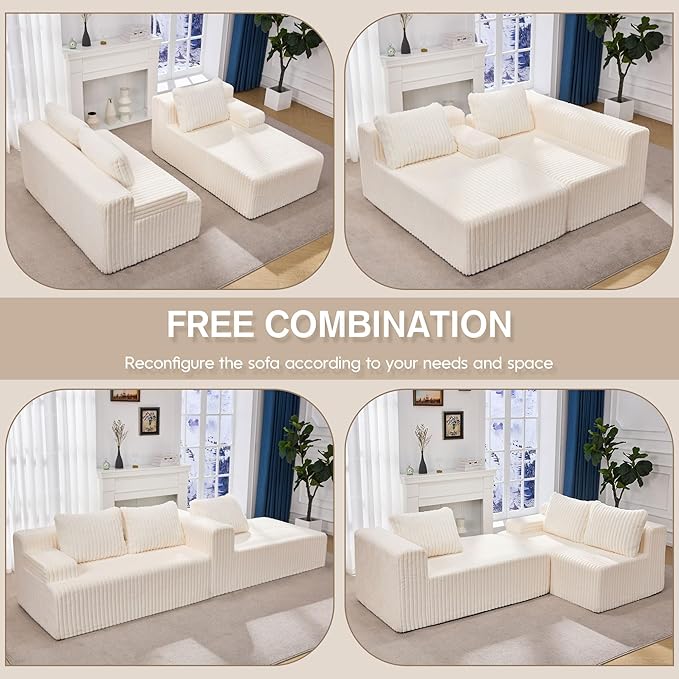 Hobestluk Modular Sectional Sofa Couches 108" L-Shape Couch 3 Seat Modular Sofa Memory Foam Sectional Couches for Living Room, Boneless Couch with Oversized Chaise (White, Right Facing)