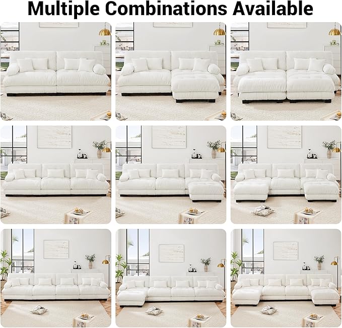 Modern L-Shaped Couch, 4-Seater Cloud Couch with Round Bolster Armrests, Oversized Loveseat Sectional Sofa, Chenille Fabric, White