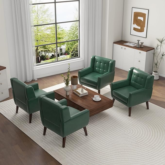 UIXE Faux Leather Accent Chairs Set of 4, Modern Arm Club Chair Upholstered Armchair for Living Room, Comfy Single Sofa Seats Button Tufted Reading Seating, Green