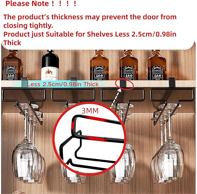 LINFIDITE Wine Glass Holder 2PCS Stemware Rack Hanger Under Cabinet Wine Glass Rack Kitchen Hanging Storage Rack Organizer,Black