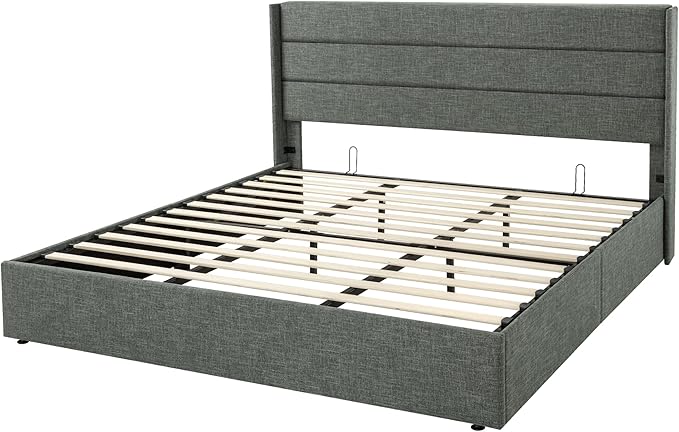 Allewie King Size Lift Up Storage Bed, Modern Wingback Headboard, Hydraulic Support, No Box Spring Needed, Dark Grey