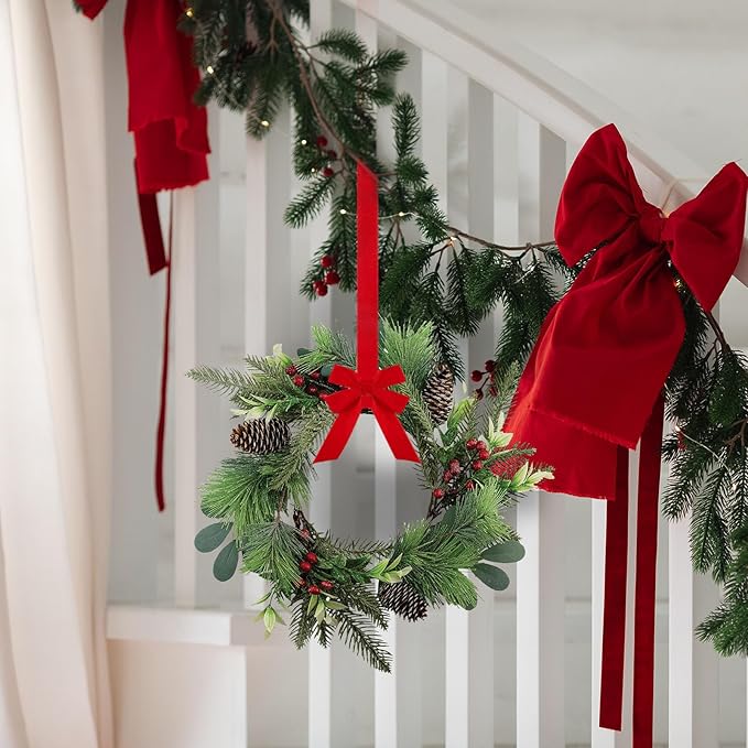 6 PCS 9" Small Christmas Norfolk Wreaths Mini Cabinet Wreaths for Kitchen with Red Berry Pinecone Cedar Bows Snowy Pine Wreath for Xmas Front Door Window Fireplace Home Table Pillar Stairs Decor