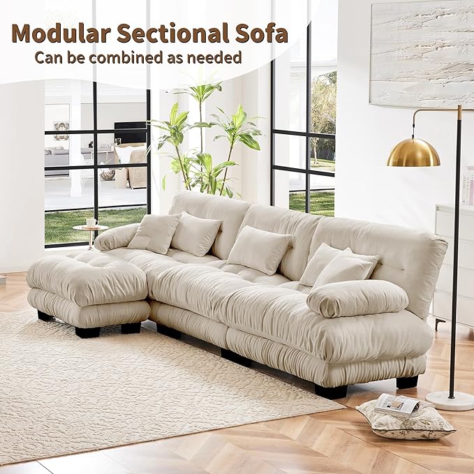L Shaped Couch Sectional Couch, 3-Seater Cloud Couch Sectional Oversized Couch, Sofa Bed Couch with Round Bolster Armrests 5 Pillows, Modular Couch Home Sofa Living Room Couch