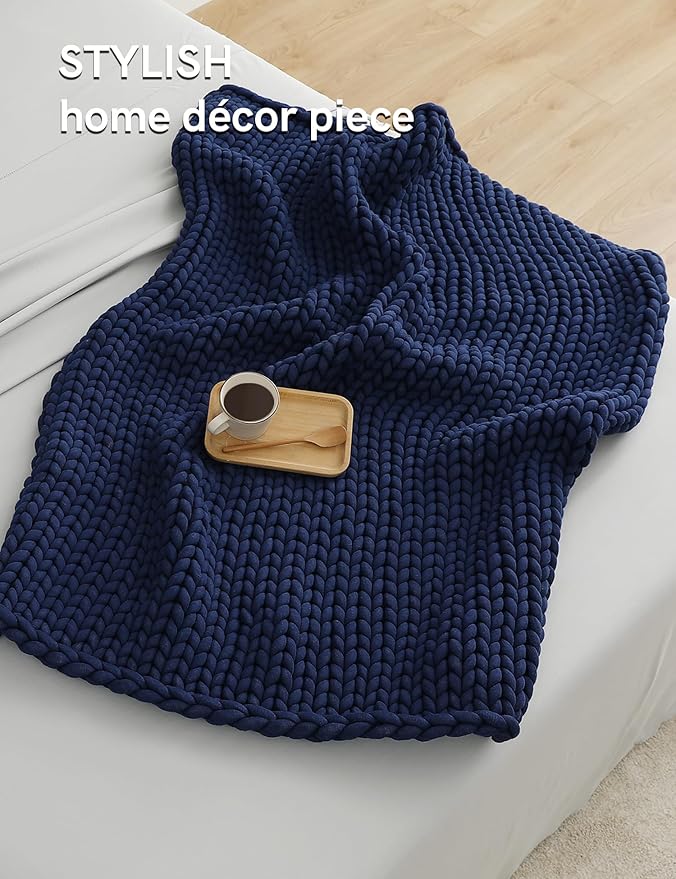 YnM Chunky Throw Blanket, Medium-Weight, Hand Knitted, Skin Friendly, Ventilated and Breathable, Machine Washable, Home Décor Piece for Couch, Sofa and Bed (Indigo Blue, 40x50 Inch)