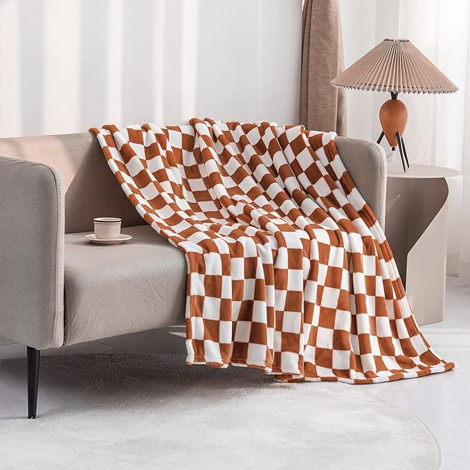 LOMAO Throw Blankets Flannel Blanket with Checkerboard Grid Pattern Soft Throw Blanket for Couch, Bed, Sofa Luxurious Warm and Cozy for All Seasons (Maple Brown, 90"x110")