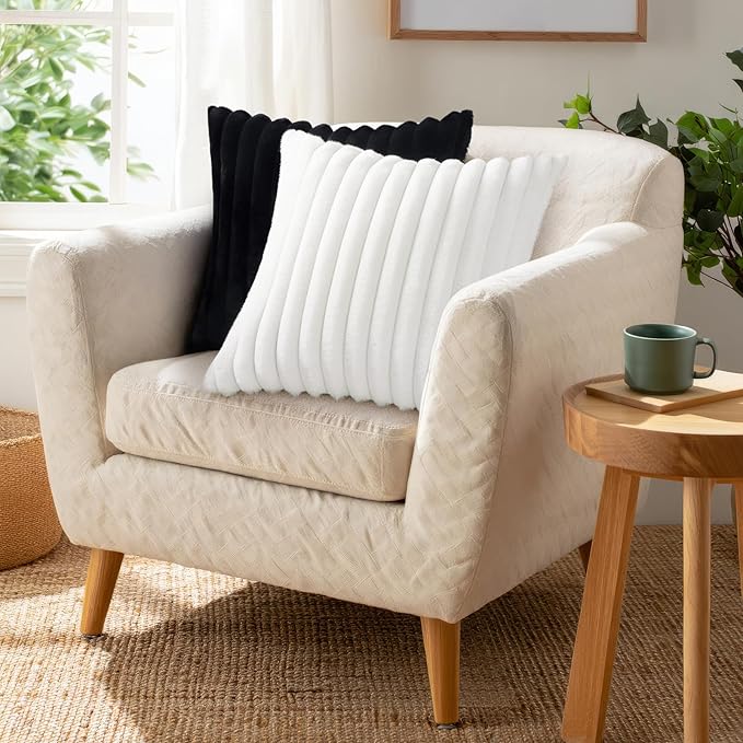 Pallene Faux Fur Plush Throw Pillow Covers 20x20 Set of 2, Luxury Soft Fluffy Striped Decorative Pillow Covers for Sofa, Couch, Living Room, White