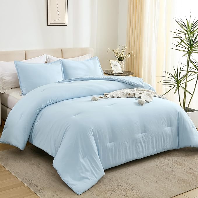 Litanika Comforters Light Blue Queen Size, 3 Pieces Lightweight Solid Bedding Comforter Set, All Season Fluffy Bed Set (90x90In Comforter & 2 Pillowcases)