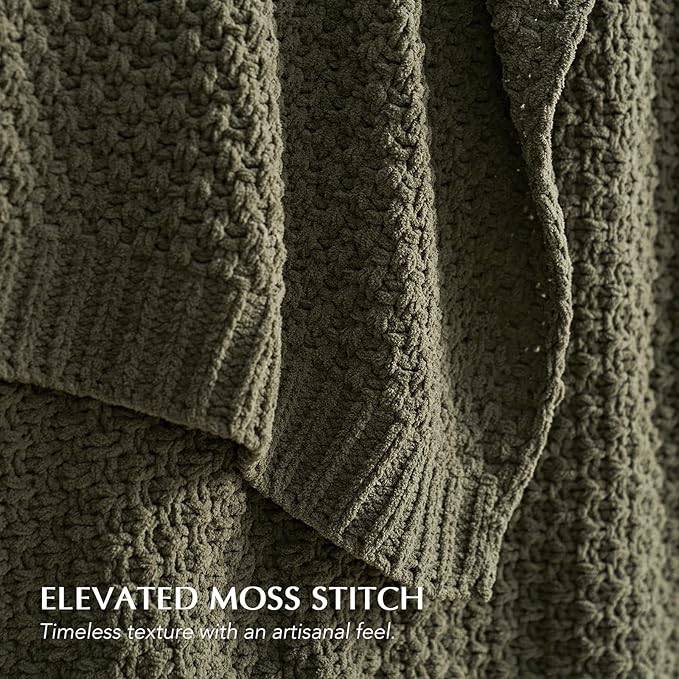 EVERGRACEHOME Chunky Chenille Knit Throw Blanket for Couch, Soft Luxurious Oversized Queen Moss Stitch Blanket for Bed, Large Cozy Farmhouse Knitted Throw for Sofa, Olive Green, 90" x 90"