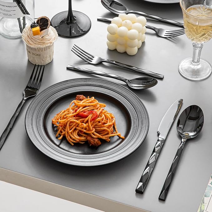 KINGSTONE Black Silverware Set, Luxury 40 Piece Flatware Set for, 18/10 Stainless Steel Cutlery Set with Diamond Cut Pattern for Kitchen, Home, Wedding, Party, Mirror Polished and Dishwasher Safe