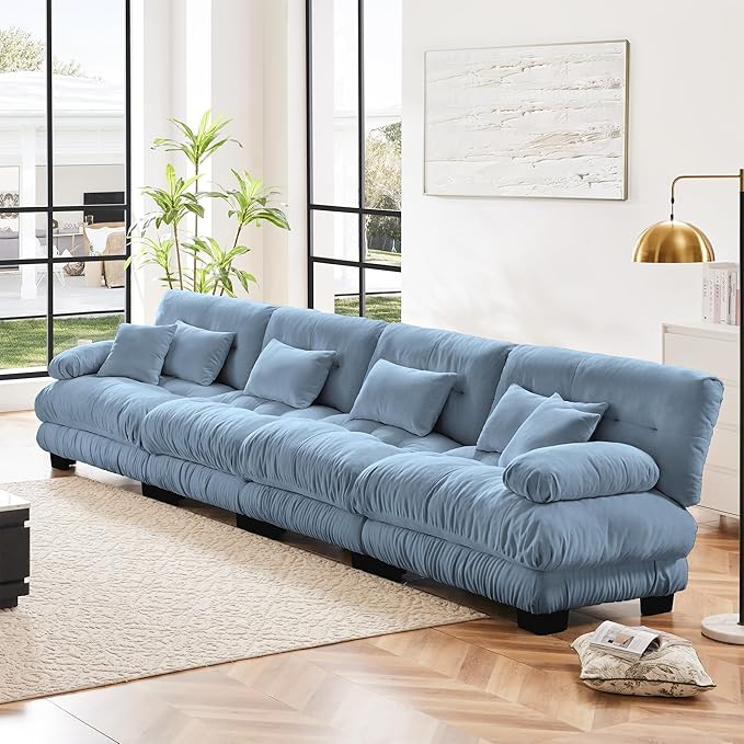 Modular Sectional Sofa, Comfy Cloud Couch 4 Seater Couch, Sectional Couches for Living Room, Modern Chenille Oversized Couches for Bedroom, Sleeper Deep Seat Sofa with Throw Pillows, Blue
