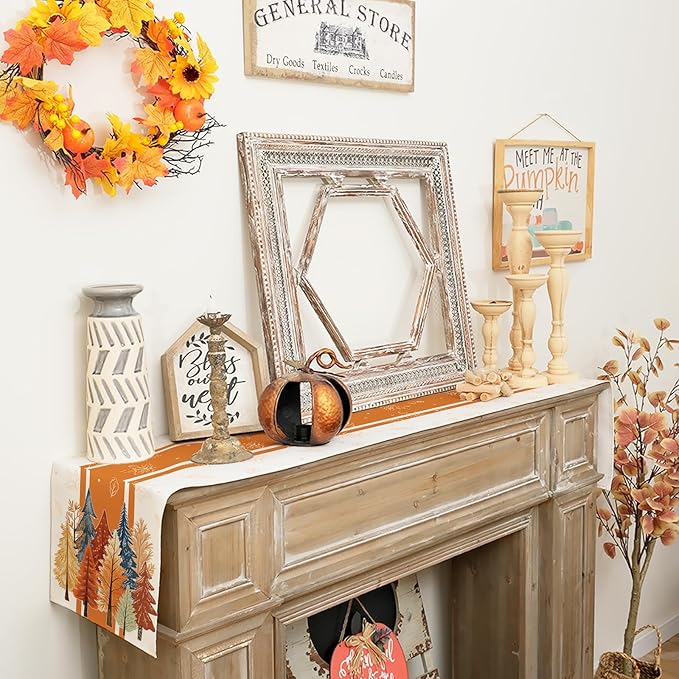 GEEORY Fall Watercolor Trees & Maple Leaves Striped Table Runner 13x120 Inch, Rustic Farmhouse Autumn Thanksgiving Decor for Kitchen, Dining, Indoor/Outdoor Holiday Dinner Party Orange GT157-120