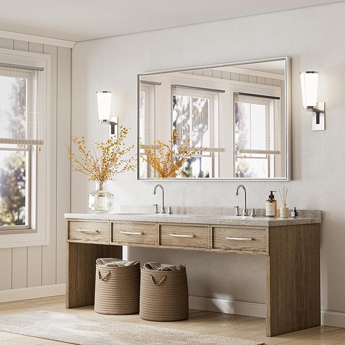 60'' x 36'' Large Beveled Silver Bathroom Vanity Mirror, Shatterproof Rectangle Silver Metal Framed Mirror for Bathroom Wall, Anti-Rust Wall-Mounted Mirror