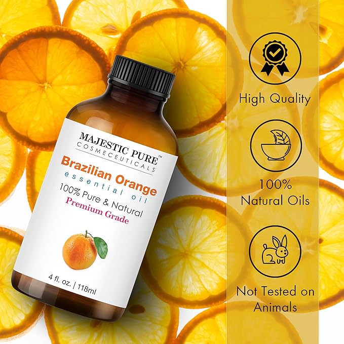 Majestic Pure Brazilian Orange Essential Oil with Glass Dropper - Huge 4 Fl Oz - 100% Pure and Natural Br Orange Oil - Premium Grade Essential Oils for Diffuser, Aromatherapy, Soap and Candle Making